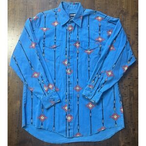 Vintage Wrangler Blue Brushpopper Button Down shirt Aztec Rodeo Cowboy 17-34 USA
